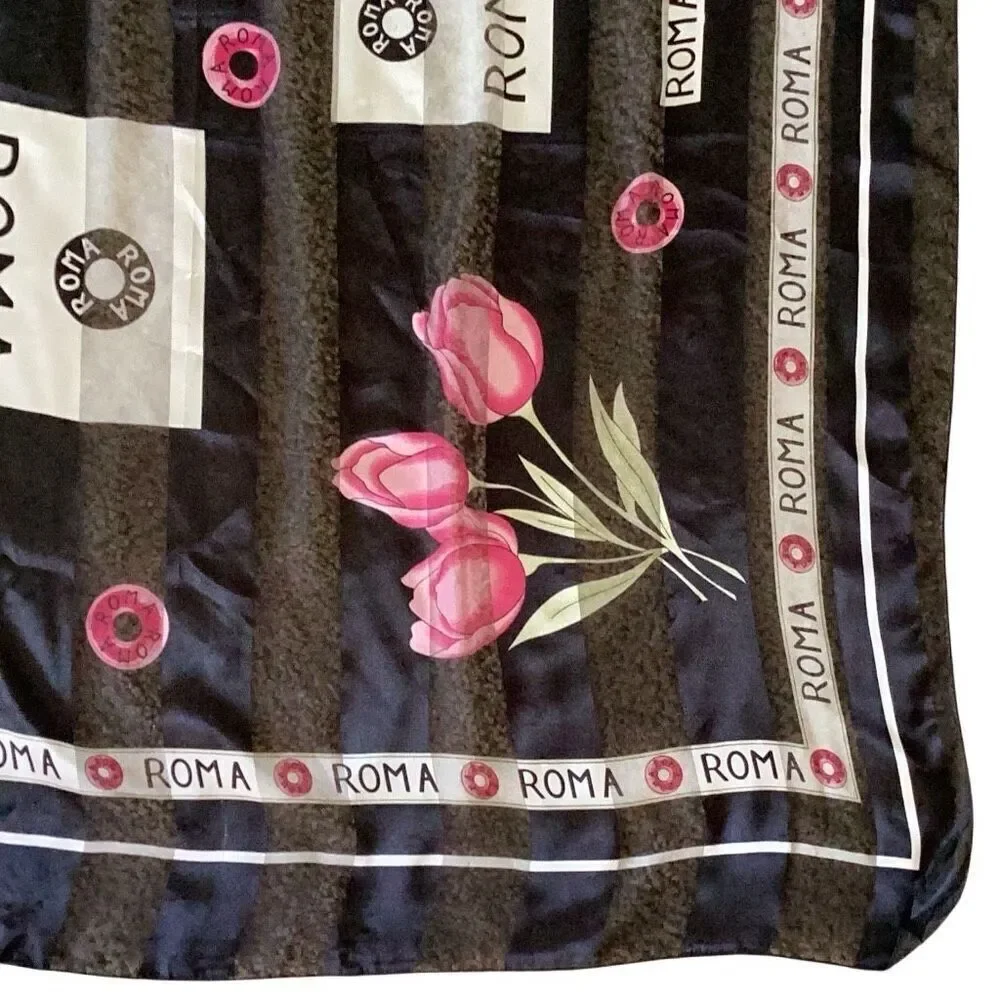 Vintage Roma Rome Souvenir Square Scarf 39” Black Pink Tulips
